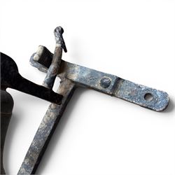 19th century cast iron outdoor bell bracket with bronze bell, lever action, finished in black paint