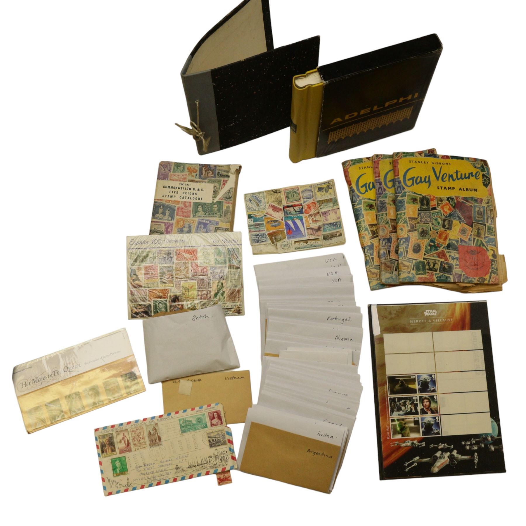 World stamps including United States of America, Paraguay, South Africa, Zanzibar etc, housed in various albums or folders and loose, in one box
