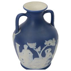 Wedgwood dark blue Jasperware Portland twin handled vase, decorated with classical figures, H21cm