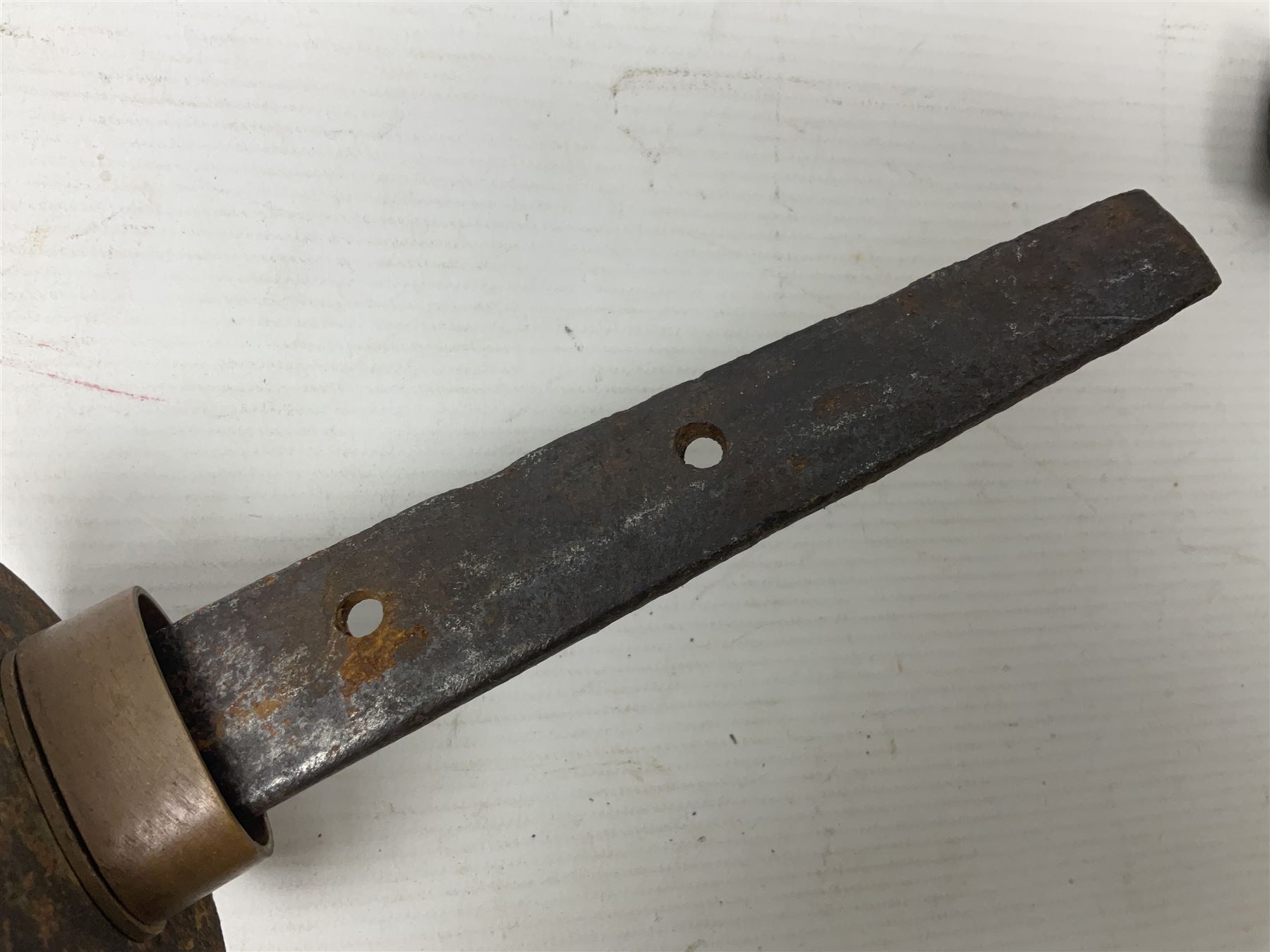 Good quality Japanese sword blade with later WWII fittings and scabbard  - 67.5cm slightly curving blade with unmarked tang, plain iron tsuba and lacquered grip with copper mounts; in lacquered wooden scabbard with tape bound tip L94cm overall