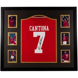 Signed Eric Cantona shirt, framed within a montage of iconic photographs from his Manchest...