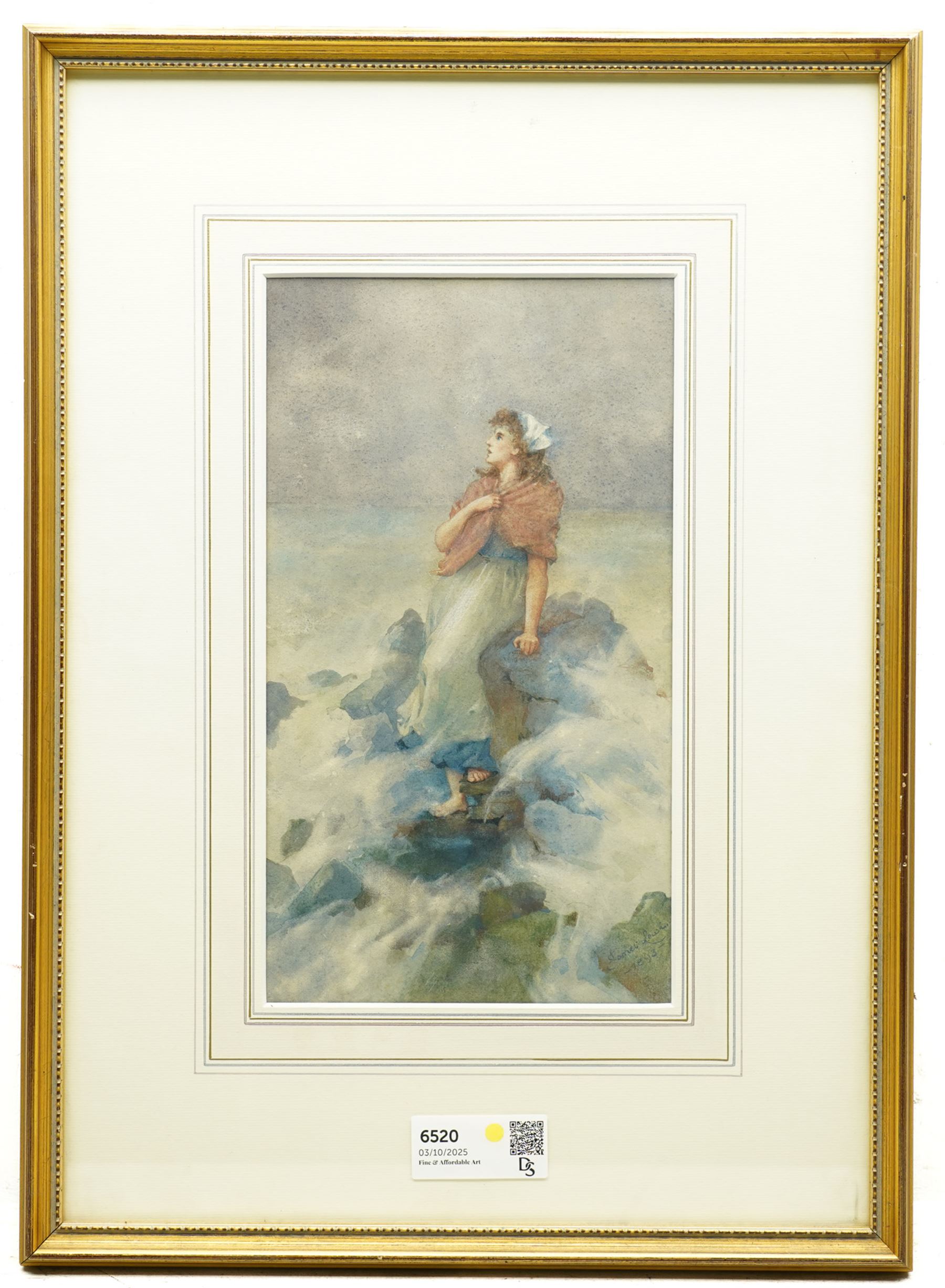 Janet Lewis (British 19th century): Maiden Looking out to Sea, watercolour signed and dated 1893, 34cm x 19cm
