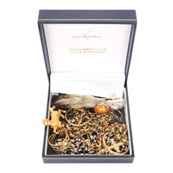 9ct gold cross set with diamond chips, stamped 9K, together with costume jewellery, includ...