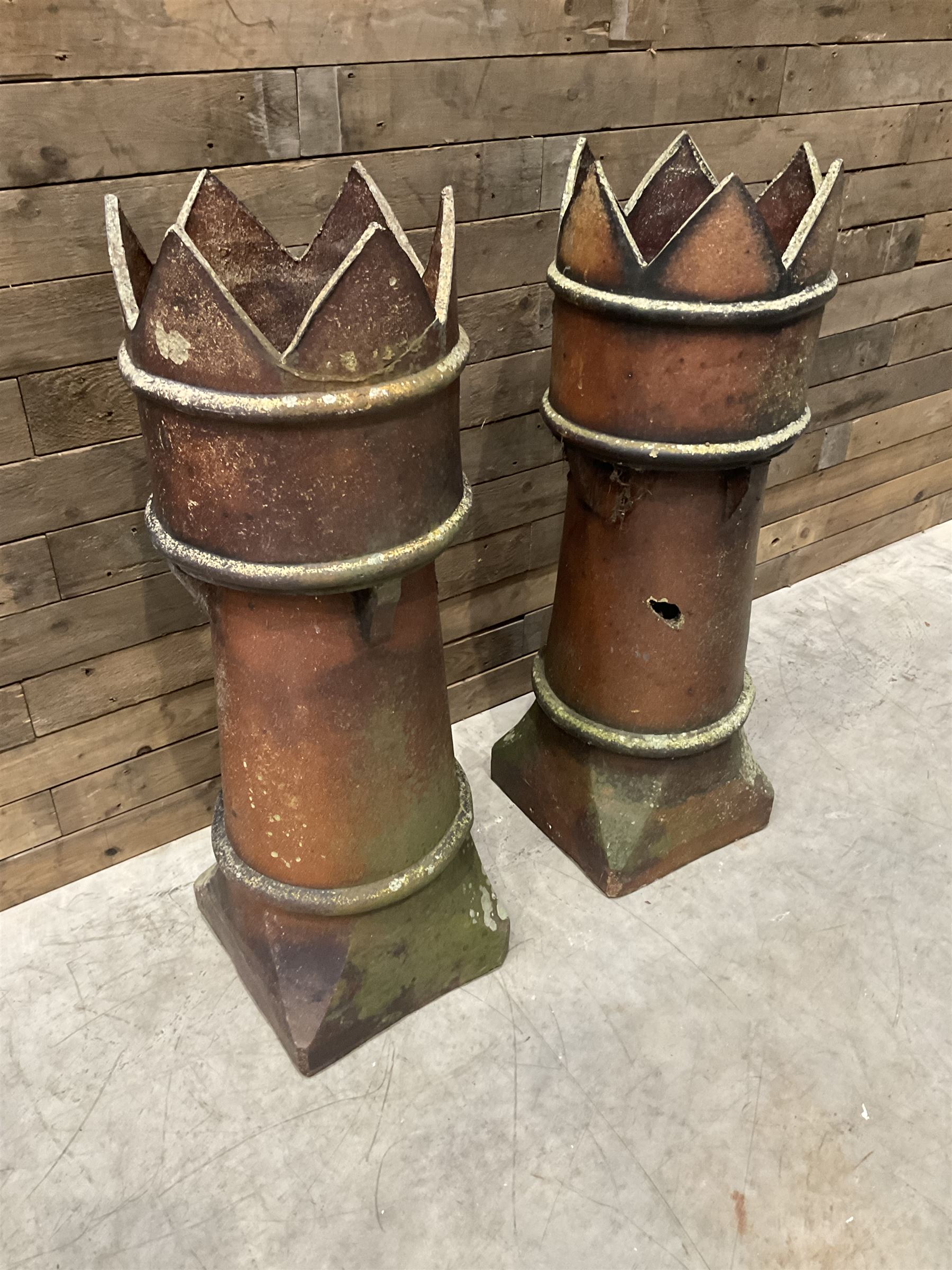 Two Victorian salt glazed crown-top chimney pots