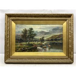 F Allen (British 19th/20th century): Cattle Watering at 'Loch Tay', oil on canvas signed, titled on the original slip 29cm x 49cm