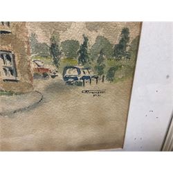 G A Townsend (British 20th century) 'The Trout Inn', watercolor signed and dated; M C W (British 20th century) The Wolds watercolor signed and dates, together with another watercolour and three landscape prints