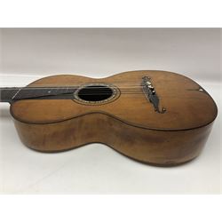 19th century Continental parlour guitar for restoration or display, with maple back and sides,  spruce top, scalloped neck and bone pegs; bears inset plaque to head 'Lapaix Paris 1830' and 'John Eastwood Teacher of the Guitar' paper label with manuscript note 'Fine Old Guitar Restored 1888 by JCB Leeds' L92cm