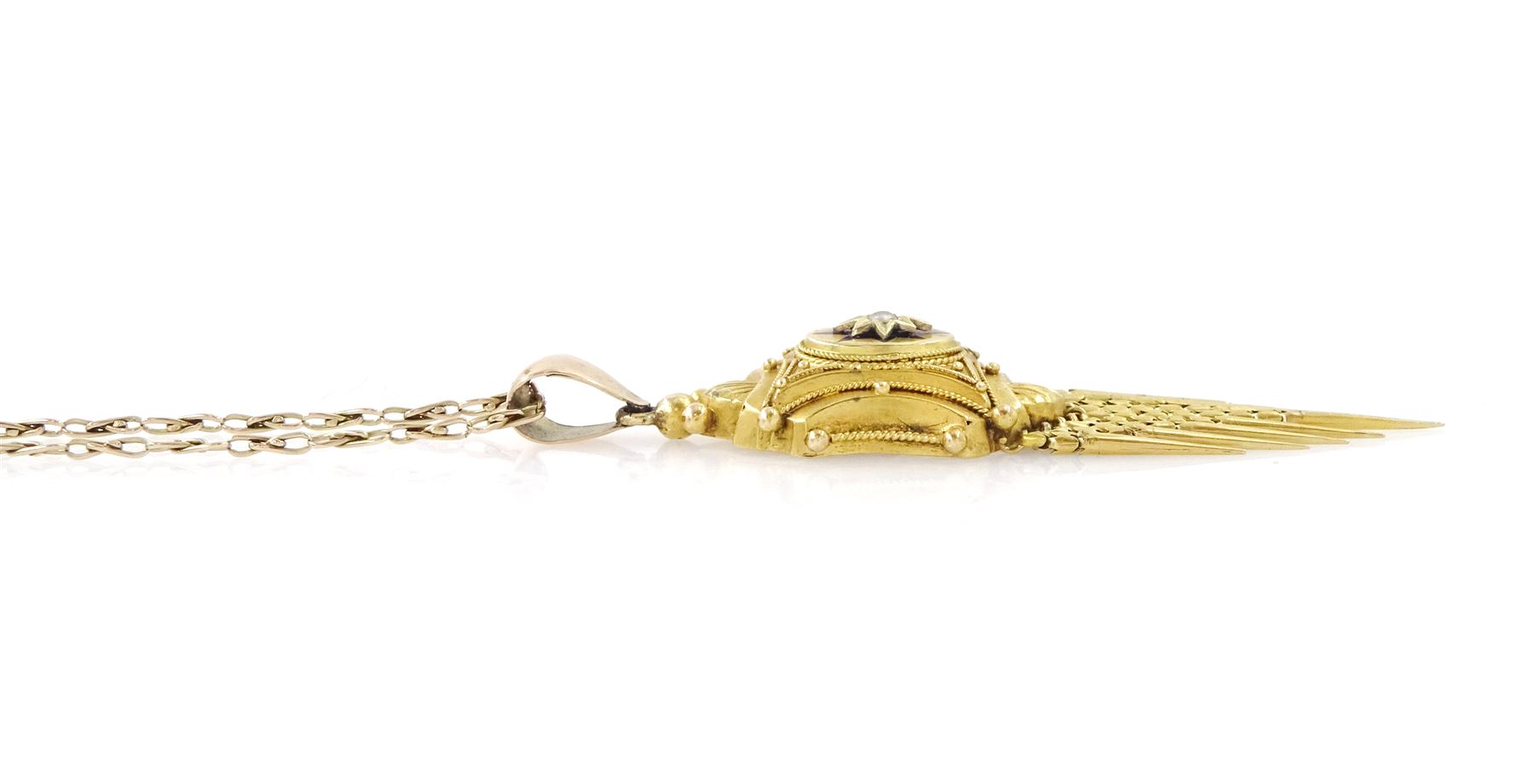 Victorian 18ct gold tassel pendant, applied star set with a single seed pearl and blue enamel surround, within a fancy bead and wirework frame, on a 10ct gold fancy chain link necklace