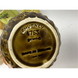 Collection of mostly Sylvac kitchen storage jar face pots, including piccalilli, chutney, tomato and bread sauce, tallest H15.5cm