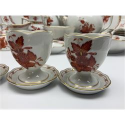 Herend Chinese Bouquet Rose pattern tea service comprising teapot, coffee pot, open sucrier, six cups and saucers, six tea plates, cream jug and stand, milk jug, two teabag holders, preserve pot, two leaf shaped dishes, four egg cups, salt & pepper pots, pair side plates and another plate