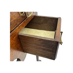 George II oak lowboy, moulded rectangular top over one long and two short drawers fitted with brass drop handles, shaped apron with scrollwork carvings, raised on cabriole supports