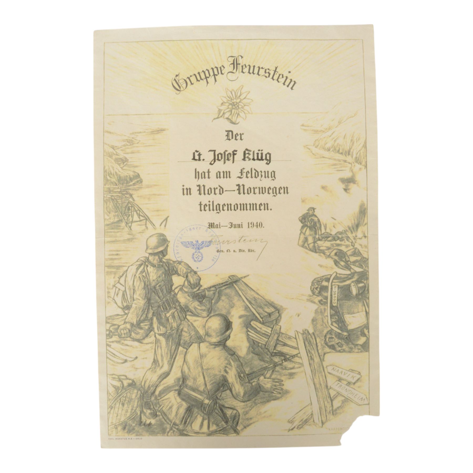 Third Reich Gruppe Fleurstein certificate for service in Northern Norway, Narvik etc. May - June 1940 
