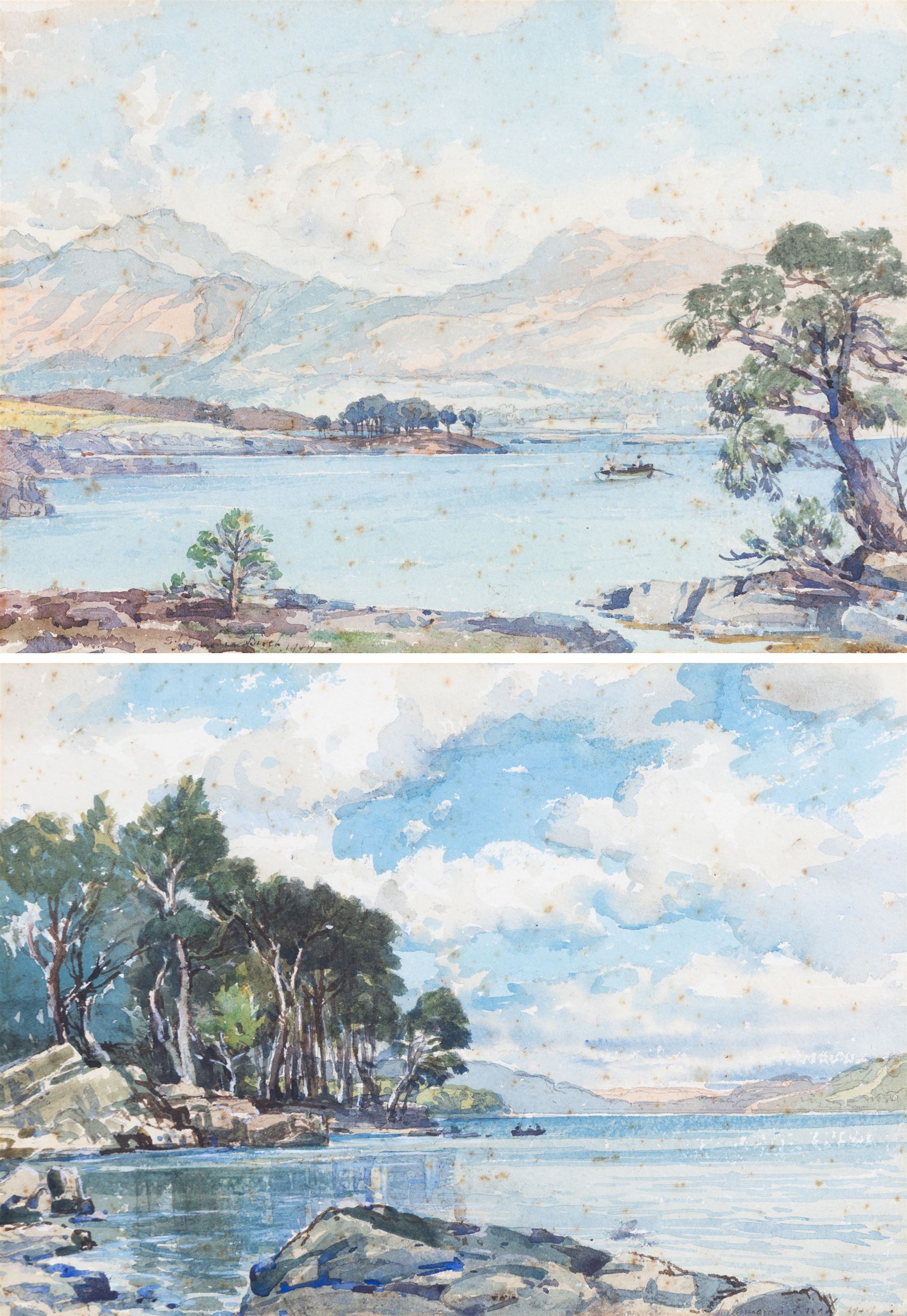 Samuel John 'Lamorna' Birch (Newlyn School 1869-1955): Boating on Loch Maree, two watercolours signed and dated 1949, indistinctly titled verso 25cm x 34cm (2)