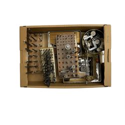 Assorted lathe drills, milling cutters, fly cutter frame and spindle with various fly cutters, clock depthing tool, other miscellaneous lathe and clockmaking hand tools.