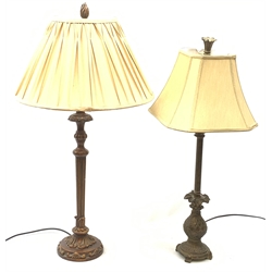 Two modern antique style table lamps, the first with artichoke modelled stem, the second with knopped column stem and scroll detail, each with fabric shade, largest approx H86cm. 