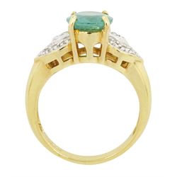 18ct gold Paraiba tourmaline and diamond ring, single oval cut tourmaline of approx 2.15 carat, with diamond set petal shaped shoulders, Birmingham 2006