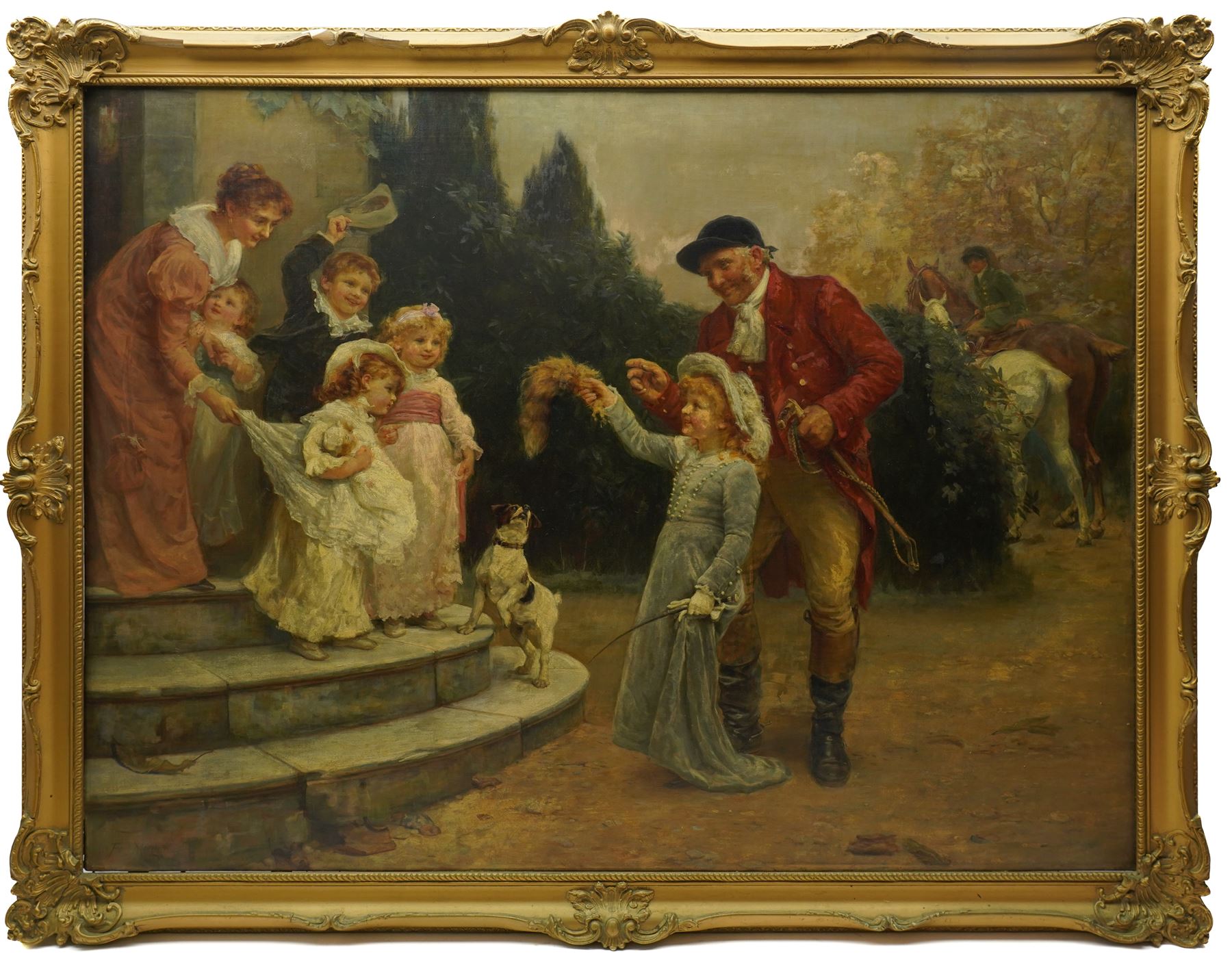Frederick Morgan (British 1847-1927): Father and Daughter Returned from the Hunt, oil on canvas signed 91cm x 121cm