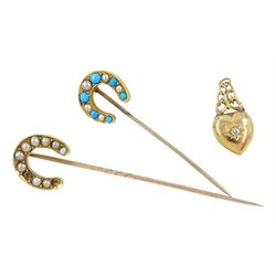 Victorian 18ct gold turquoise and split pearl horseshoe pin, one other 15ct gold split pearl horseshoe pin and a 15ct gold old cut diamond heart and bow hinged locket, with later inscription within