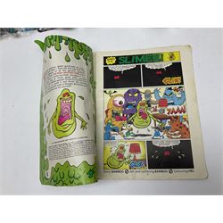 Five 1980s LJN Thundercats figures - Lion-O with sword, Snowman, S-S-Slythe, Tygra and Mumm-Ra; all re-bagged on original backing cards; partially stocked Panini sticker album; story cassette tape and three catalogues; together with Ghostbusters Slimer with food and Comic
