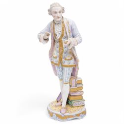 Pair of French bisque figures, possibly by Vion & Baury, modelled as a scholar and a lady carrying a tea, both with green anchor marks to base, H41cm