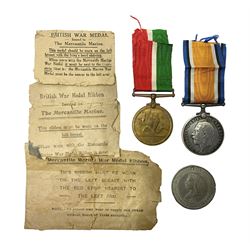 WWI pair of medals comprising Mercantile Marine medal and British War medal, awarded to Dominic L Kelly; both with ribbons and part original packaging and a Victoria Diamond Jubilee medallion.