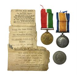  WWI pair of medals comprising Mercantile Marine medal and British War medal, awarded to Dominic L Kelly; both with ribbons and part original packaging and a Victoria Diamond Jubilee medallion.