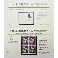  New Zealand error stamps, on stock cards with dealer annotations  