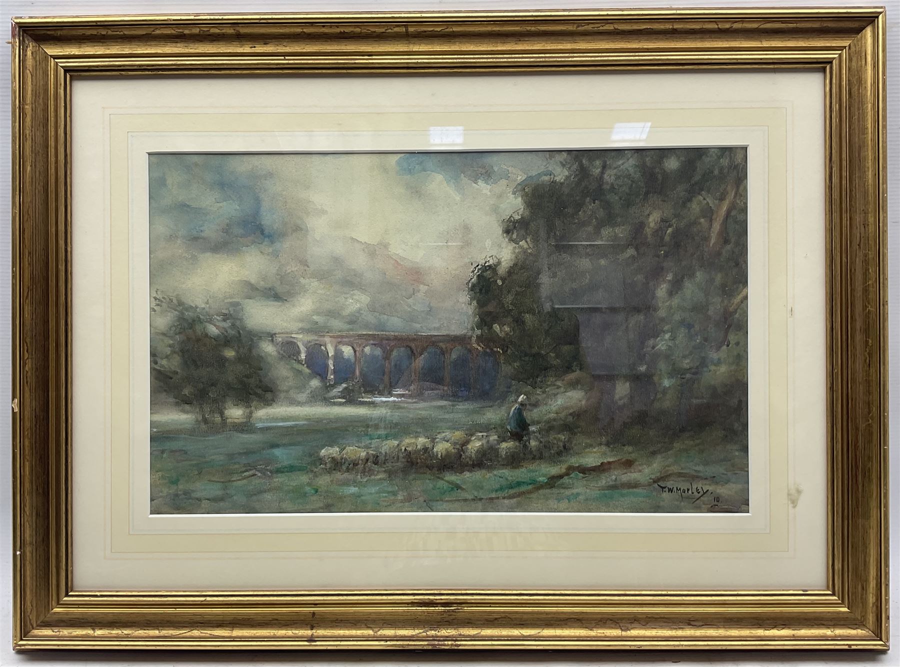 Thomas William Morley (British 1859-1925): Gathering Sheep by the Eynsford Viaduct, watercolour signed and dated '10, 30cm x 50cm 