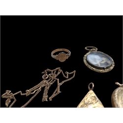 14ct gold locket, 9ct gold signet ring and chain, together with a gilt photo pendant and triangle locket 
