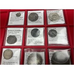 Ancient and later coinage, including Roman silver Denarius, Henry III 1216-1272 long-cross hammered silver penny, Elizabeth I 1568 hammered silver sixpence, Charles I 1625-1649 silver shilling etc, housed in a Lindner coin tray