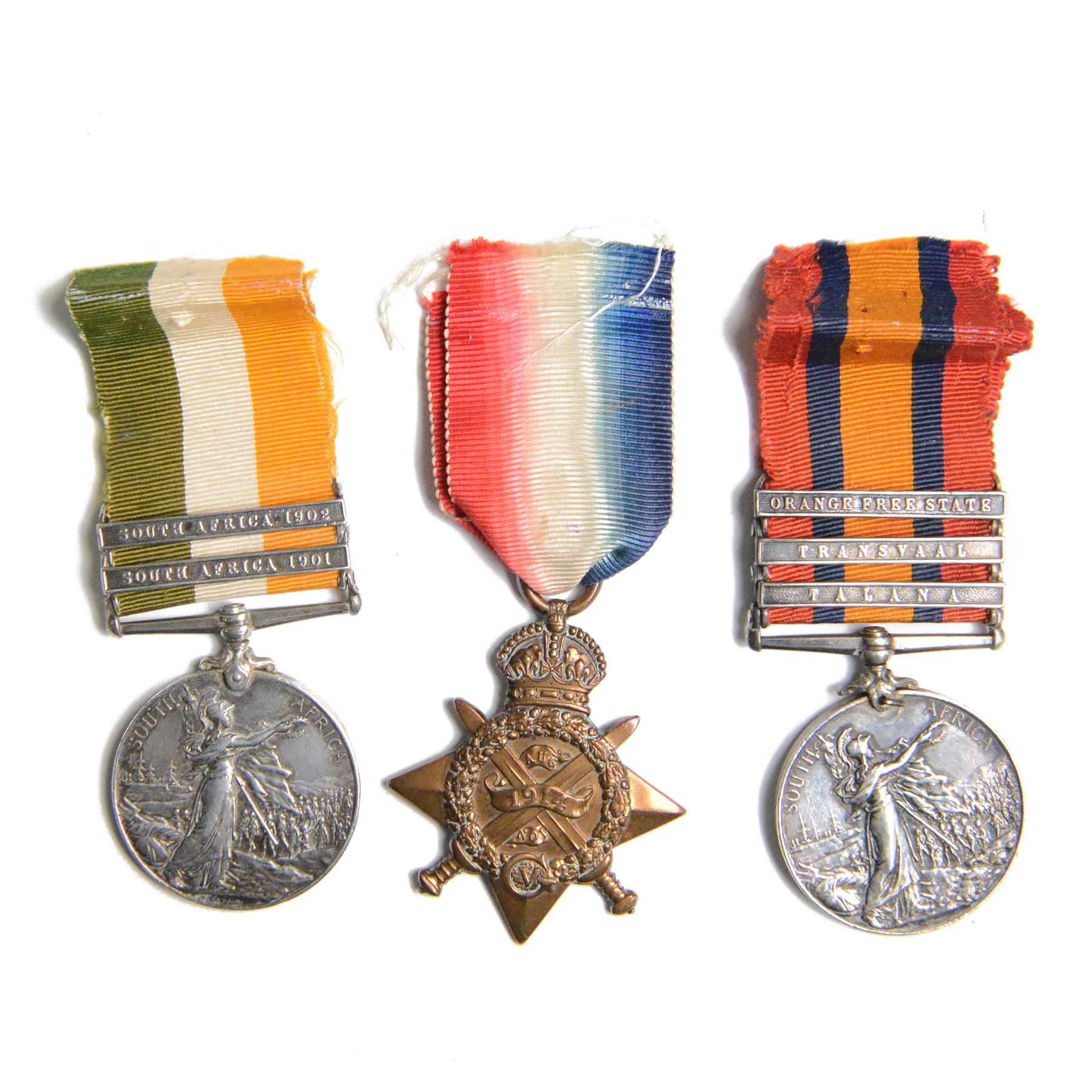 Boer War/ WWI medal group for W. A. Sexton 18th Hussars Sargent (4395)/ Major (5622); Queen's South Africa medal with Orange Free State, Transvaal and Talana clasps, King's South Africa medal with South Africa 1901, South Africa 1902 clasps 
1914 Star
