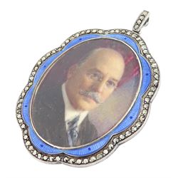 Early 20th century silver guilloche enamel portrait pendant, set with an oval miniature of a gentleman wearing a grey suit on ivory, within a blue enamel and marcasite border, the reverse set with a blue enamel panel and single split pearl, within a silver engraved border, suspended from a marcasite bail

This lot has been registered for sale under Section 10 of the APHA Ivory Act