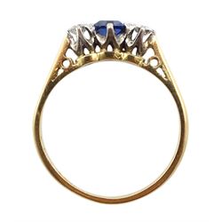 Gold square cut sapphire and diamond three stone ring, stamped 18ct