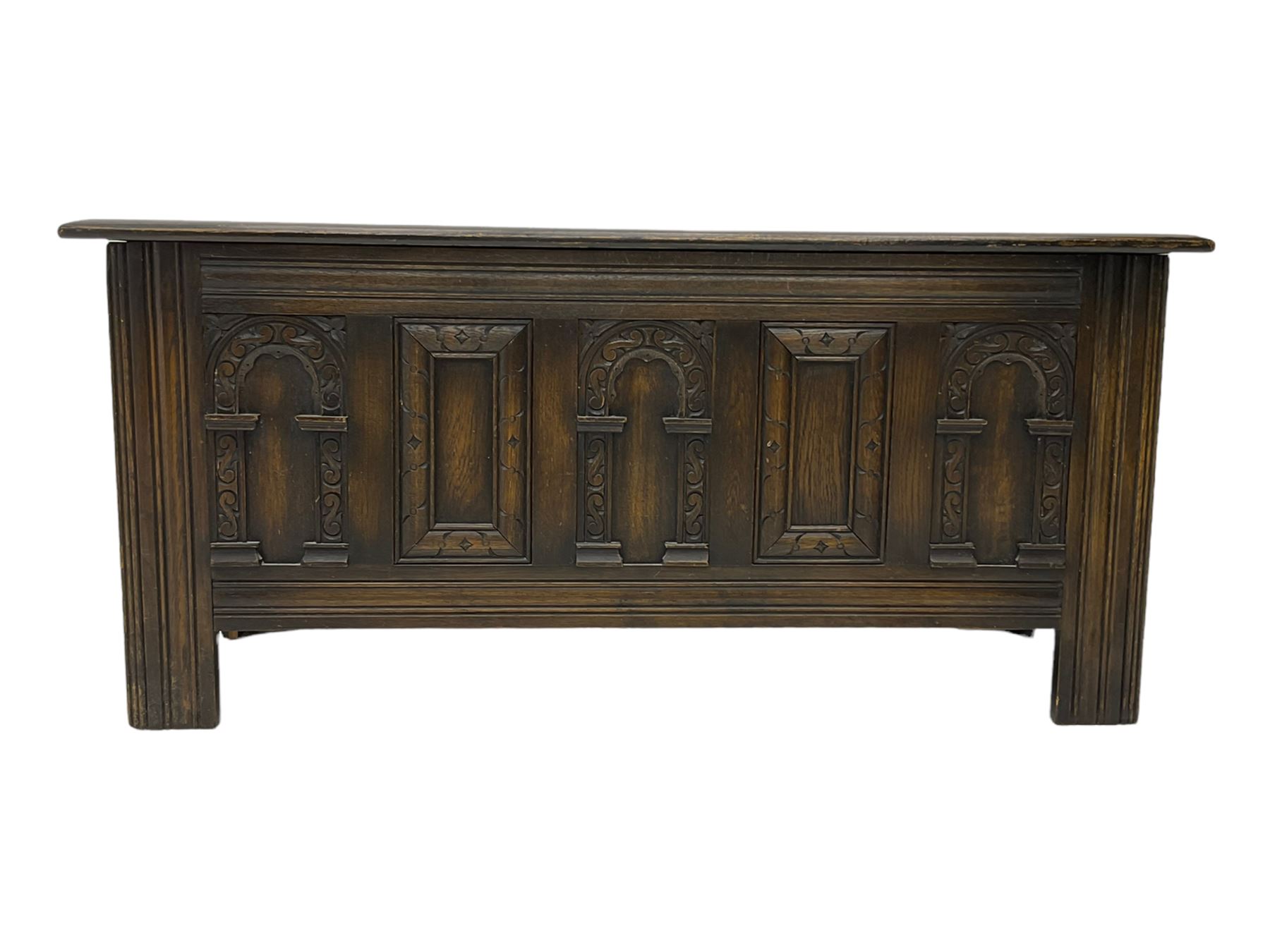 Old Charm - oak blanket box, hinged top, carved front