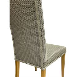 Lloyd Loom - set of six 'Maybourne' slate painted high back wicker dining chairs, raised on light oak square tapering supports