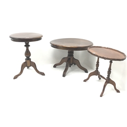  Regency style mahogany circular occasional table, turned column on four reeded supports (D73cm, H52cm) and two other tables (3)  
