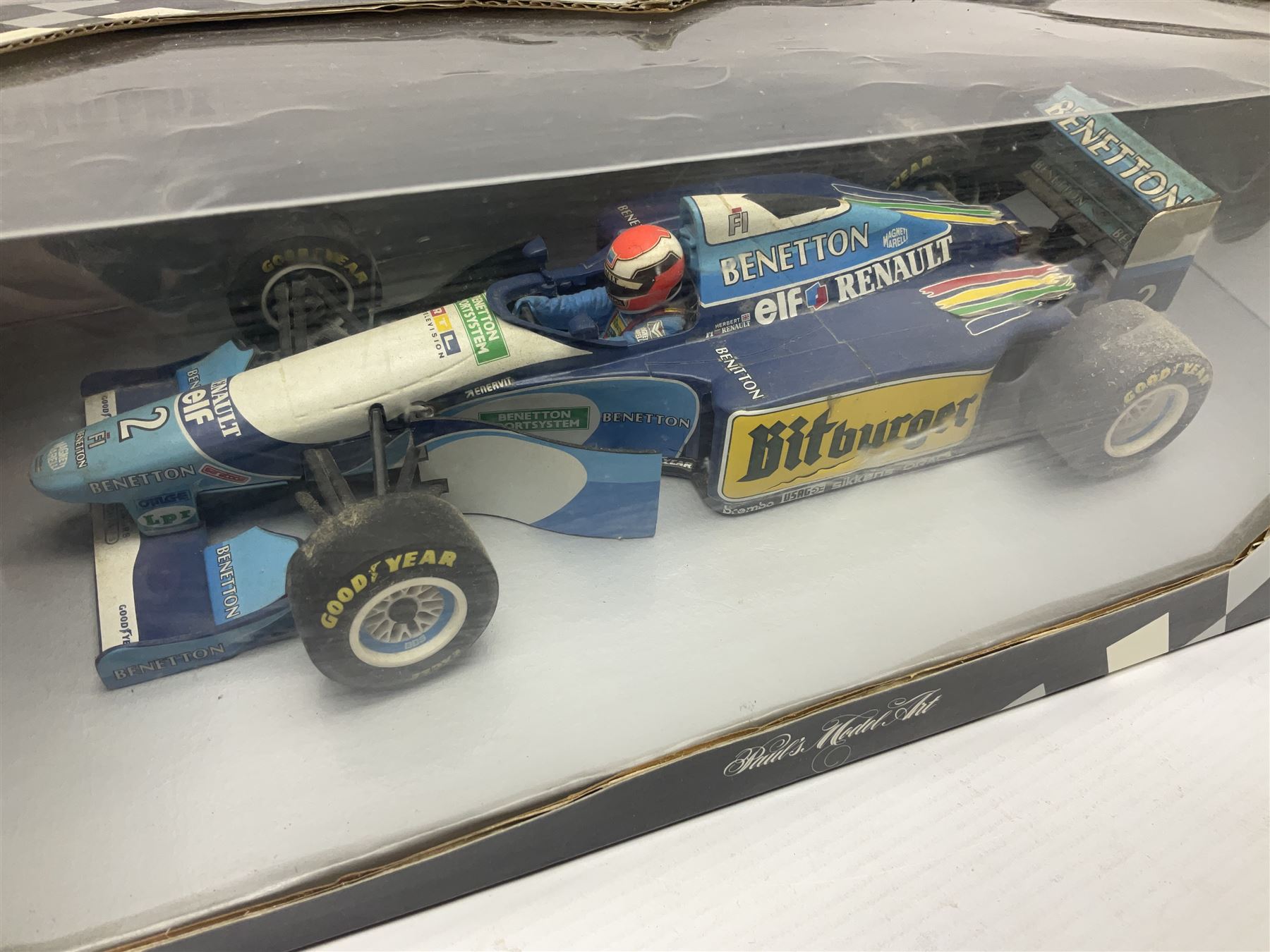 Three Paul's Model Art Grand Prix 1:18 scale die-cast racing cars - Sauber Mercedes C13 A. De Cesaris G.P. Canada 1994; Ferrari F 93 A Jean Alesi; and Benetton B 194/5 Showcar 1995 J. Herbert; all boxed (3)
