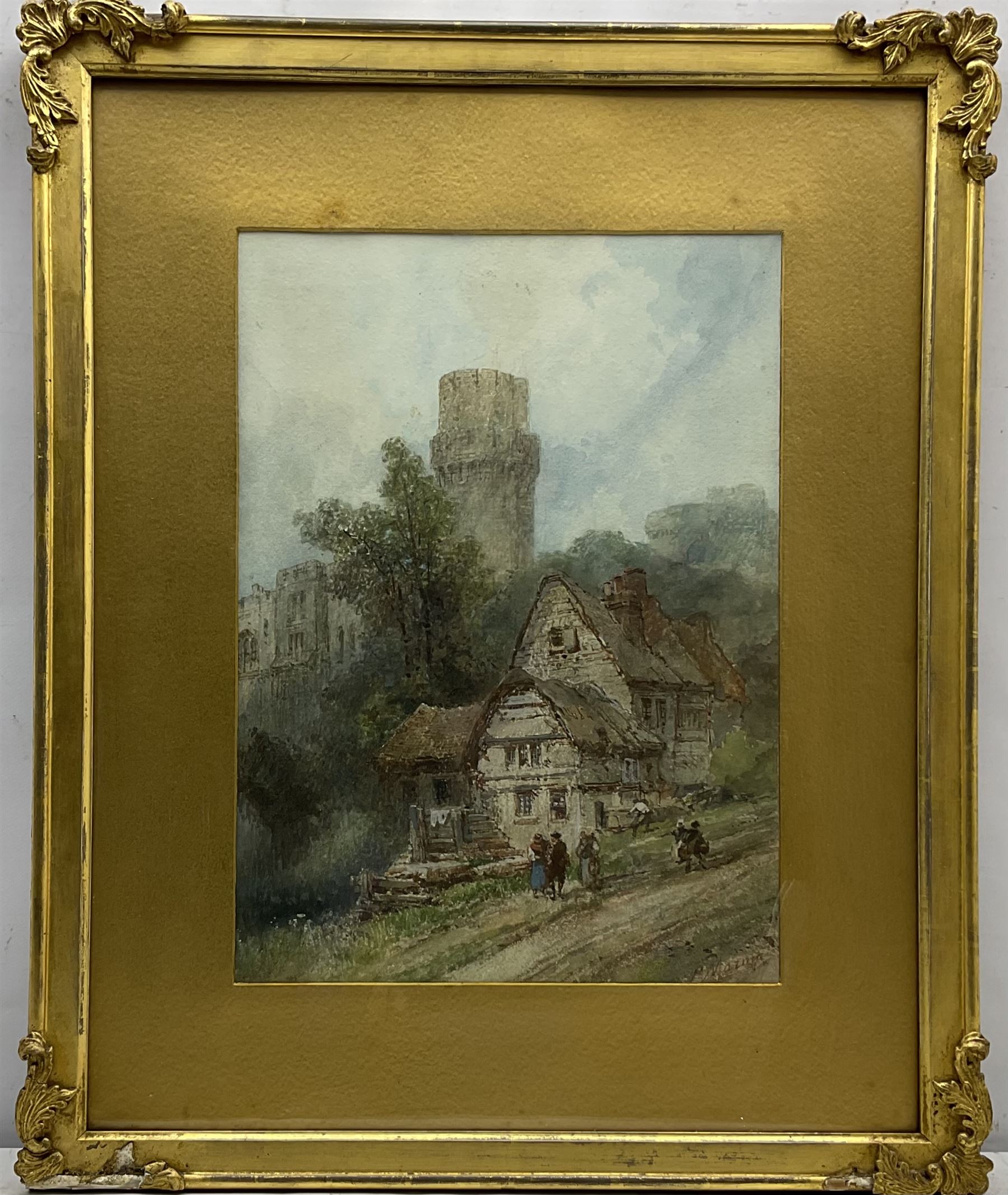 Paul Marny (French/British 1829-1914): Warwick Castle with Old Cottages and Figures in the foreground, watercolour signed 40cm x 29cm