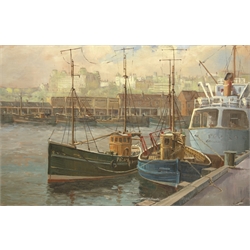  Don Micklethwaite (British 1936-): Fishing Boats in Scarborough Harbour, oil on artist's board signed 49cm x 74cm   DDS - Artist's resale rights may apply to this lot    