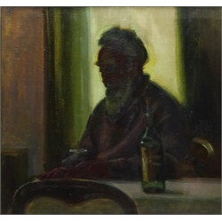  Olive Bagshaw (Northern British fl.1965-1978): OLd Man Drinking, oil on canvas board unsigned, inscribed verso 46cm x 48cm Provenance: from the Artist's Studio Sale. Miss Bagshaw who was born in Salford, received her formal art training at Salford and Manchester Art School. Her work has been regularly accepted at the Royal Society of Portrait Painters, the Royal Academy and Federation of British Artists (Information from a 1970's Monks Hall Museum and Gallery exhibition catalogue)  DDS - Artist's resale rights may apply to this lot  