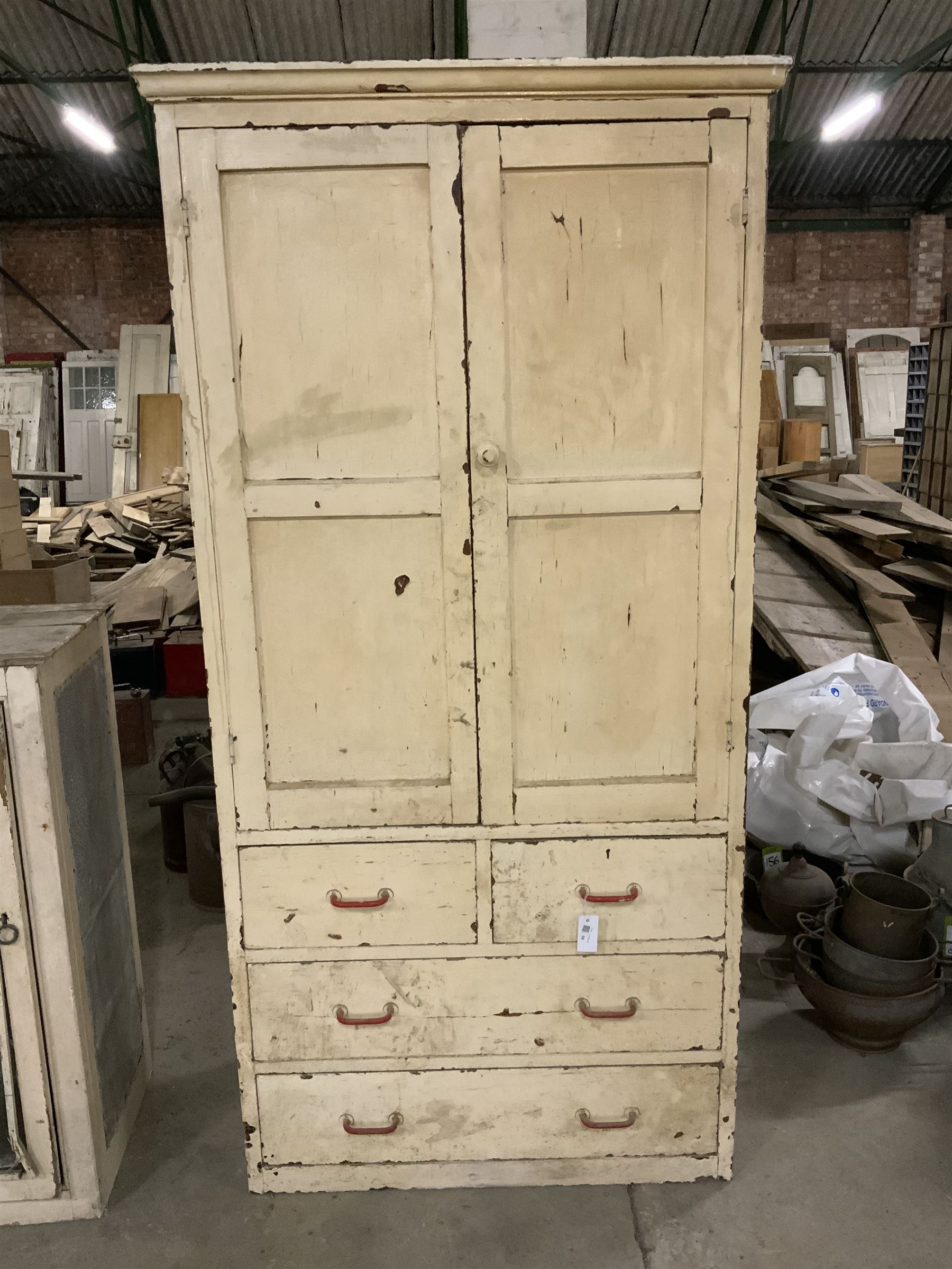 19th century painted pine wardrobe cupboard, fitted with two panelled doors, two short and two long drawers - THIS LOT IS TO BE COLLECTED BY APPOINTMENT FROM THE OLD BUFFER DEPOT, MELBOURNE PLACE, SOWERBY, THIRSK, YO7 1QY
