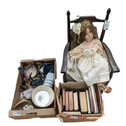 Alberon ceramic doll on wooden dolls/child's chair, together with two pairs of brass twist candlesticks, books, including signed first edition Hammond Innes, and other collectables, chair H72cm