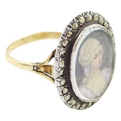 19th century French 18ct gold and silver marcasite portrait ring, set with an oval miniature of a woman on ivory, under glazed panel, with marcasite surround and trifurcated shoulders, hallmarked. This lot has been registered for sale under Section 10 of the APHA Ivory Act