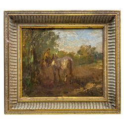 Circle of Arthur Spooner (British 1873-1962): Figure with Horse in Field, oil on panel unsigned, attributed verso 30cm x 35cm