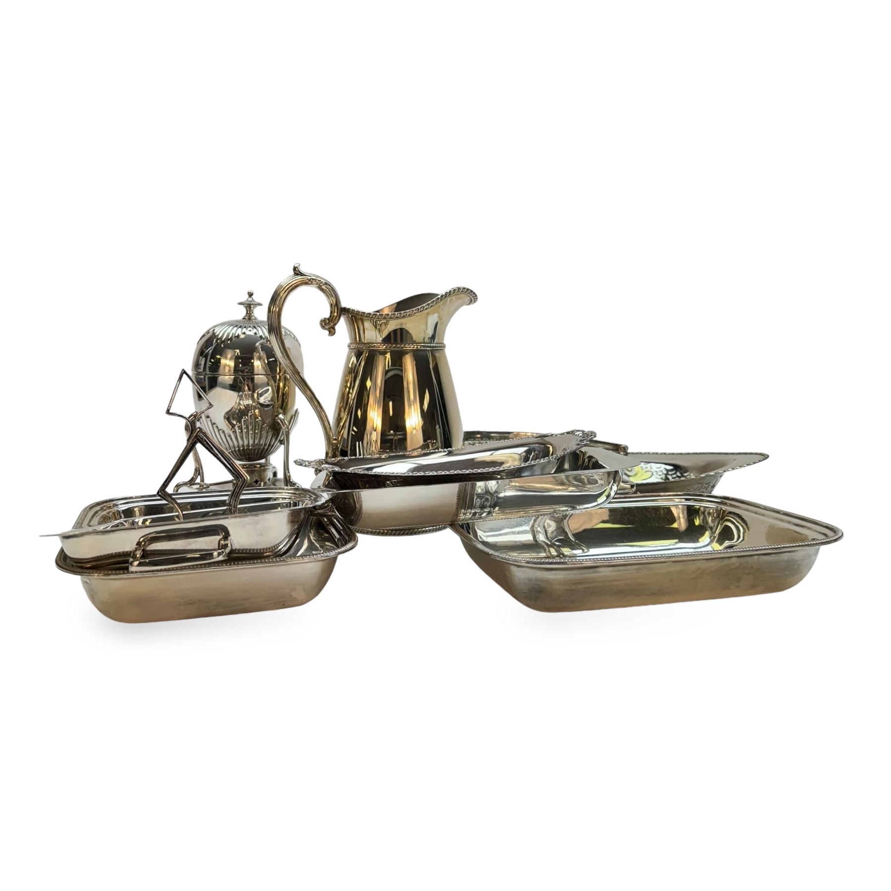 Modern silver plated Barker Ellis pitcher, with oblique gadrooned rim and acanthus capped C scroll handle, an egg coddler with part fluted body and urn finial and other silver plated items including toast rack, two serving dishes, etc, coddler H23.5cm