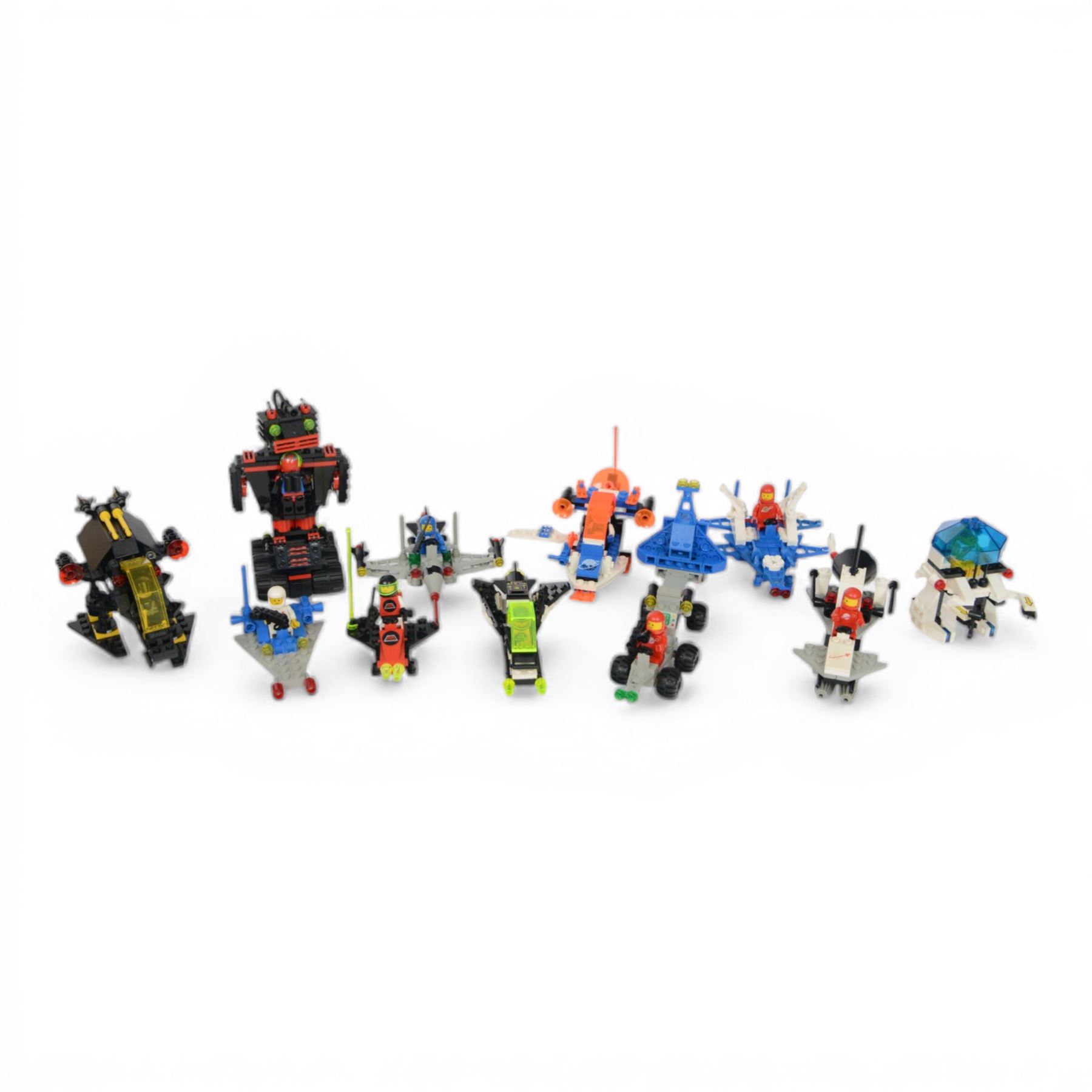 Eleven vintage Lego spaceships, comprising no. 6811 Pulsar Charger, no. 6824 Space Dart, no. 6832 Super Nova II, no. 6846 Tri-Star Voyager, no. 6842 Shuttle Craft, no. 6879 Blizzard Baron, no. 6889 Recon Robot, no. 6848-1 Strategic Pursuer, no. 6803 Space Patrol, no. 6876 Alienator and no. 6871 Star Patrol Launcher, all built with minifigures