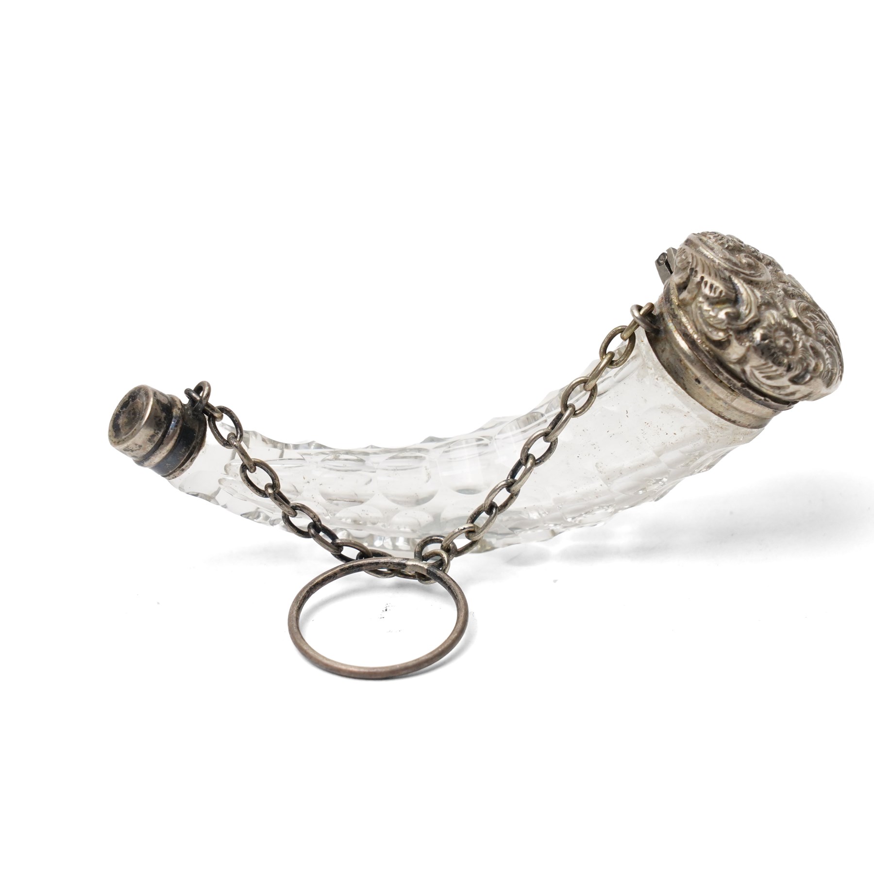 Silver mounted glass cornucopia scent bottle, approx 7cm