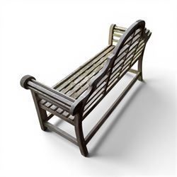 Lutyens design teak garden bench, shaped arched and slatted back over rolled arms and slatted seat, raised on square supports with box-stretcher