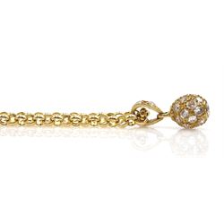 9ct gold cubic zirconia ball pendant, on 9ct gold belcher link necklace, hallmarked or tested