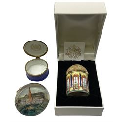 Cylindrical music box with domed lid depicting the Music Room at Buckingham Palace and playing Mozart's 'Voi Che Sapete', limited edition 187 of 250, boxed, together with enamel box for the silver jubilee and a victorian paperweight of Scarbrough  